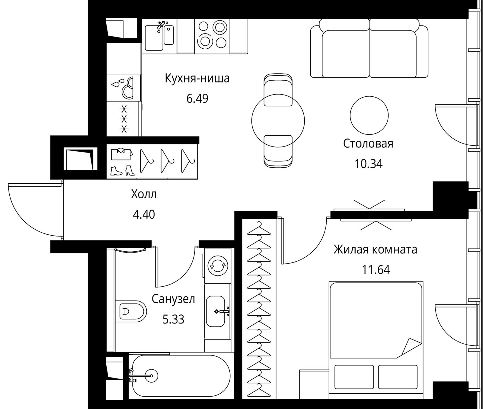 1-комнатная квартира, 38,2 м²