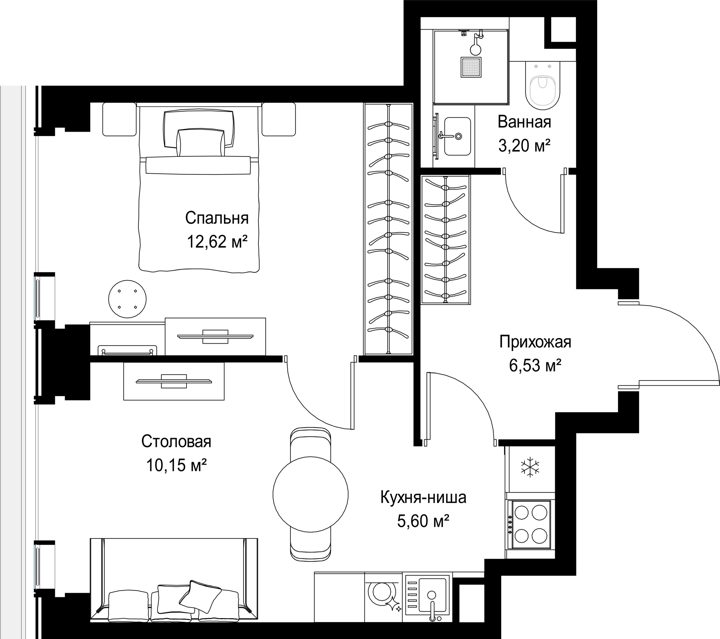 1-комнатная квартира, 38,1 м² — фото 2
