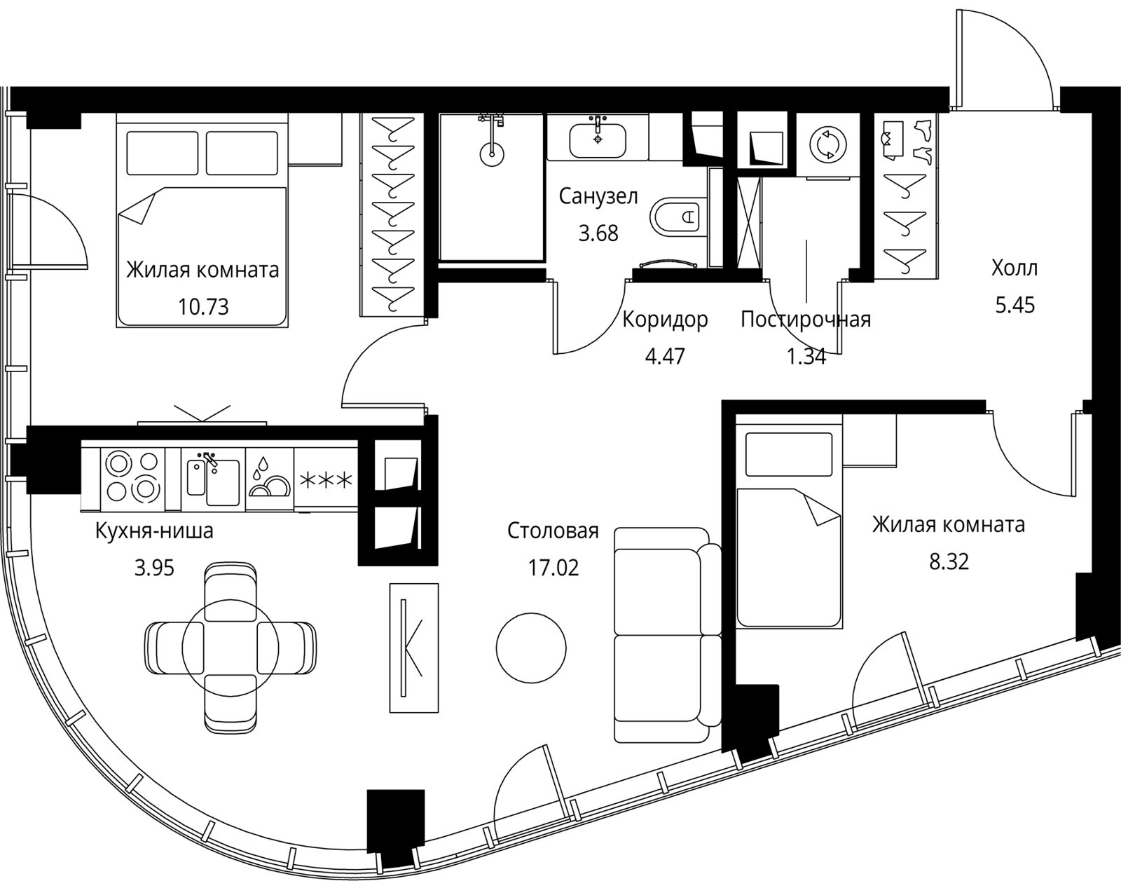 2-комнатная квартира, 55 м²