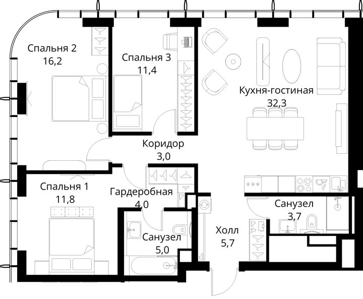 3-комнатная квартира, 93,1 м² — фото 1