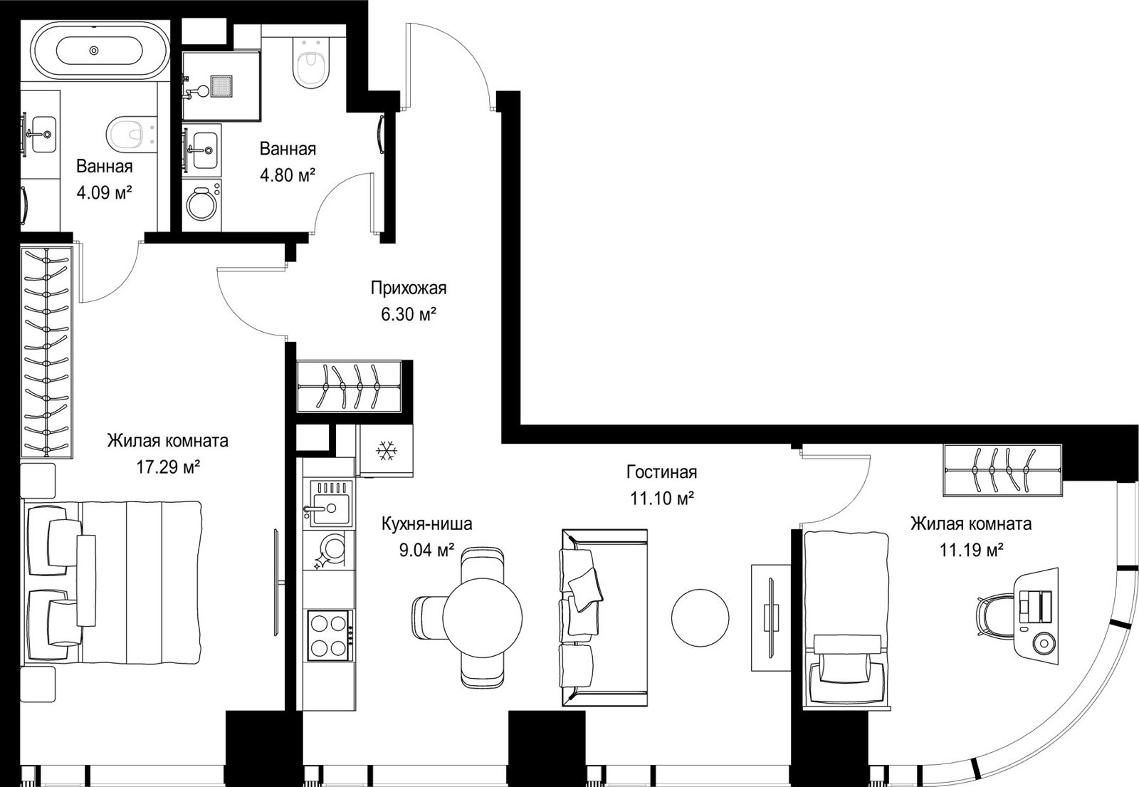 2-комнатная квартира, 63,8 м²
