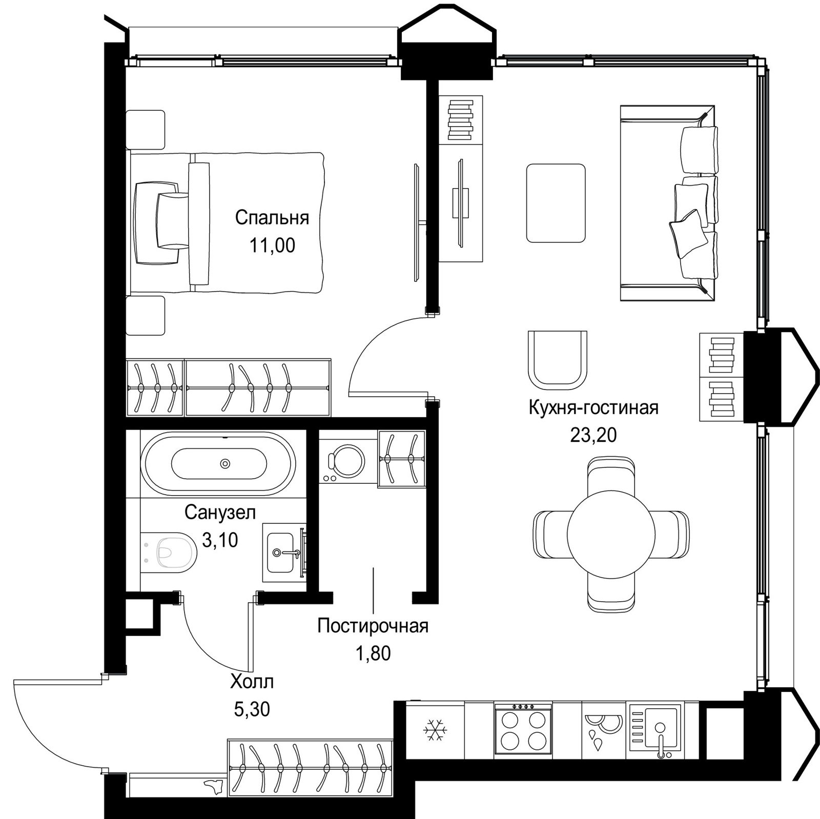 1-комнатная квартира, 44,4 м²