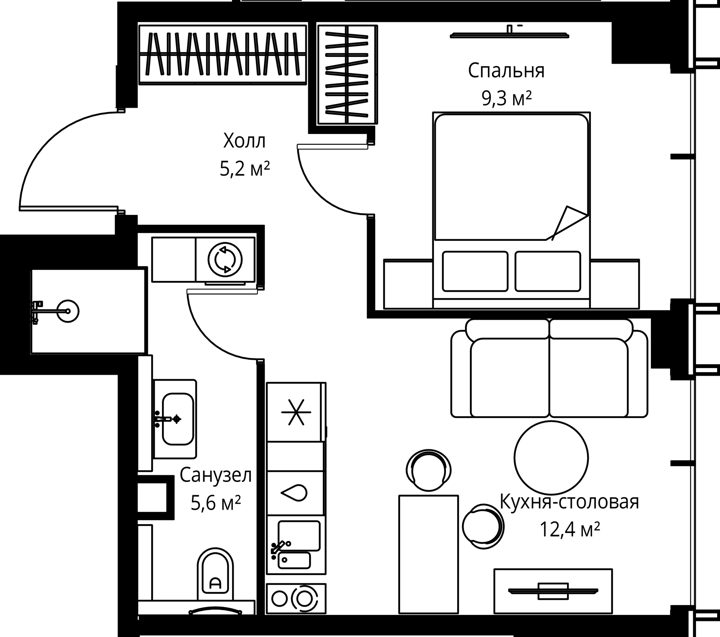 1-комнатная квартира, 32,5 м²