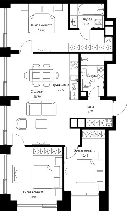 3-комнатная квартира, 83,6 м² — фото 1