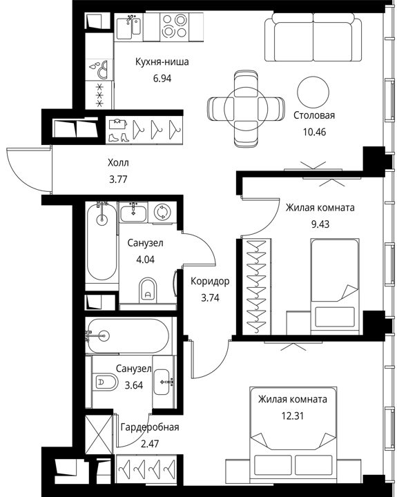 2-комнатная квартира, 56,8 м² — фото 1