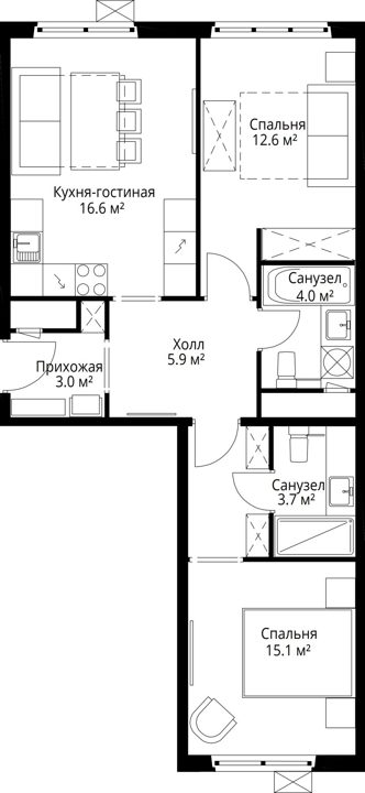 2-комнатная квартира, 60,9 м² — фото 1