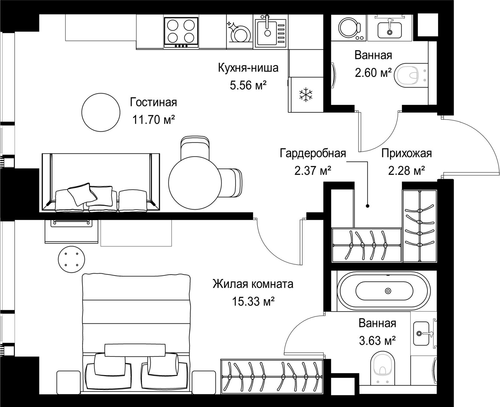 1-комнатная квартира, 43,5 м²