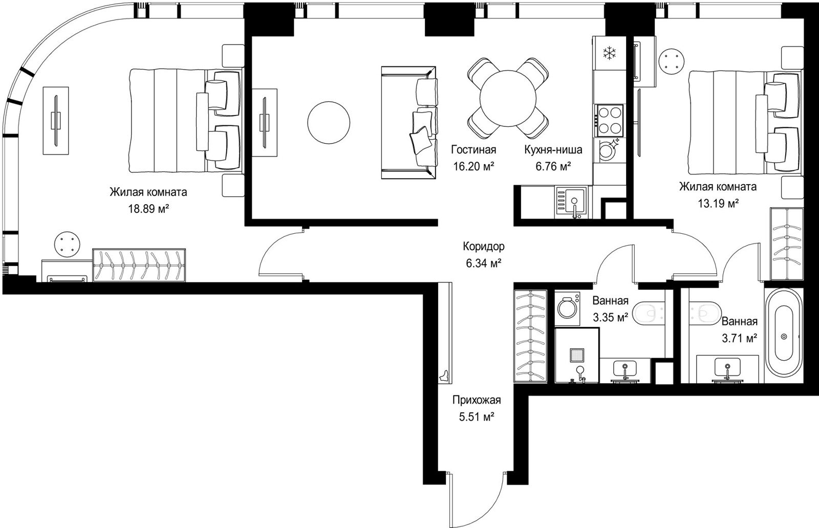 2-комнатная квартира, 74 м²