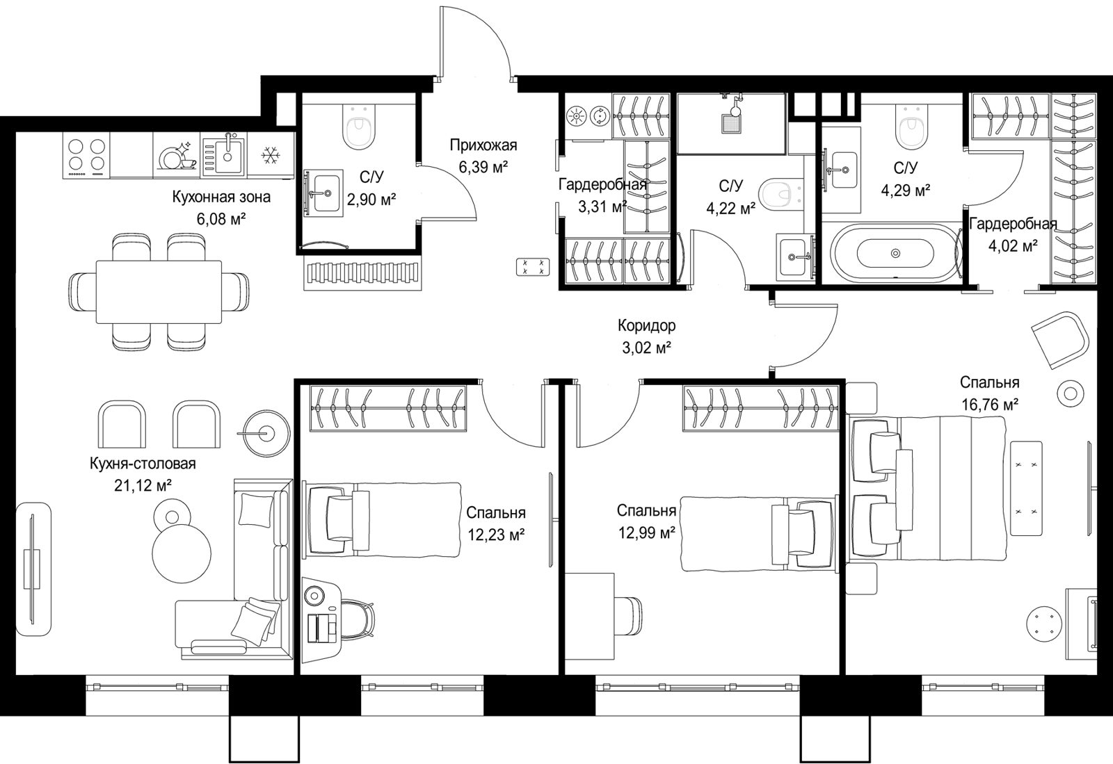 3-комнатная квартира, 97,3 м²