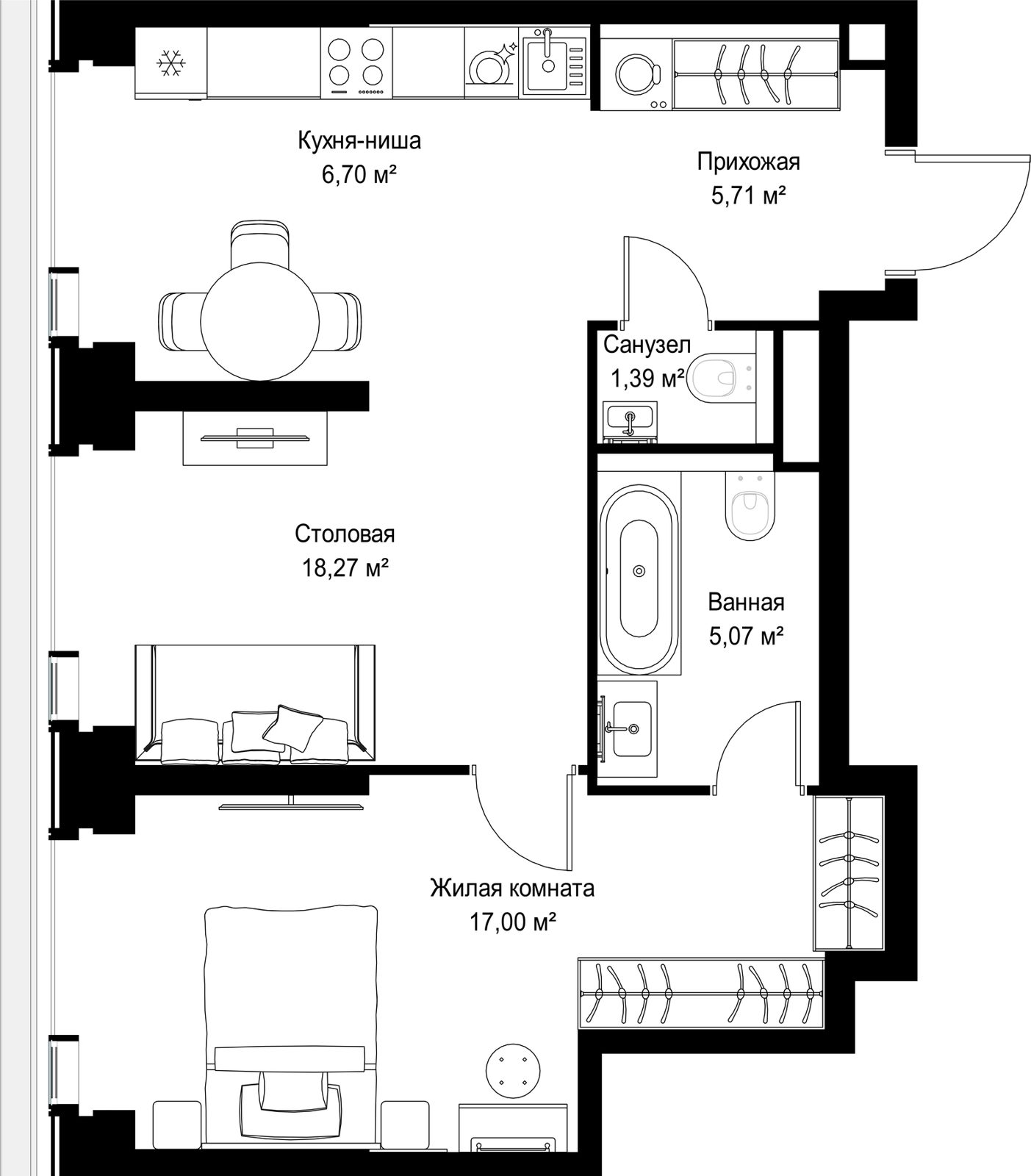1-комнатная квартира, 54,1 м²