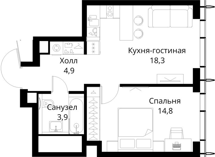 1-комнатная квартира, 41,9 м² — фото 1