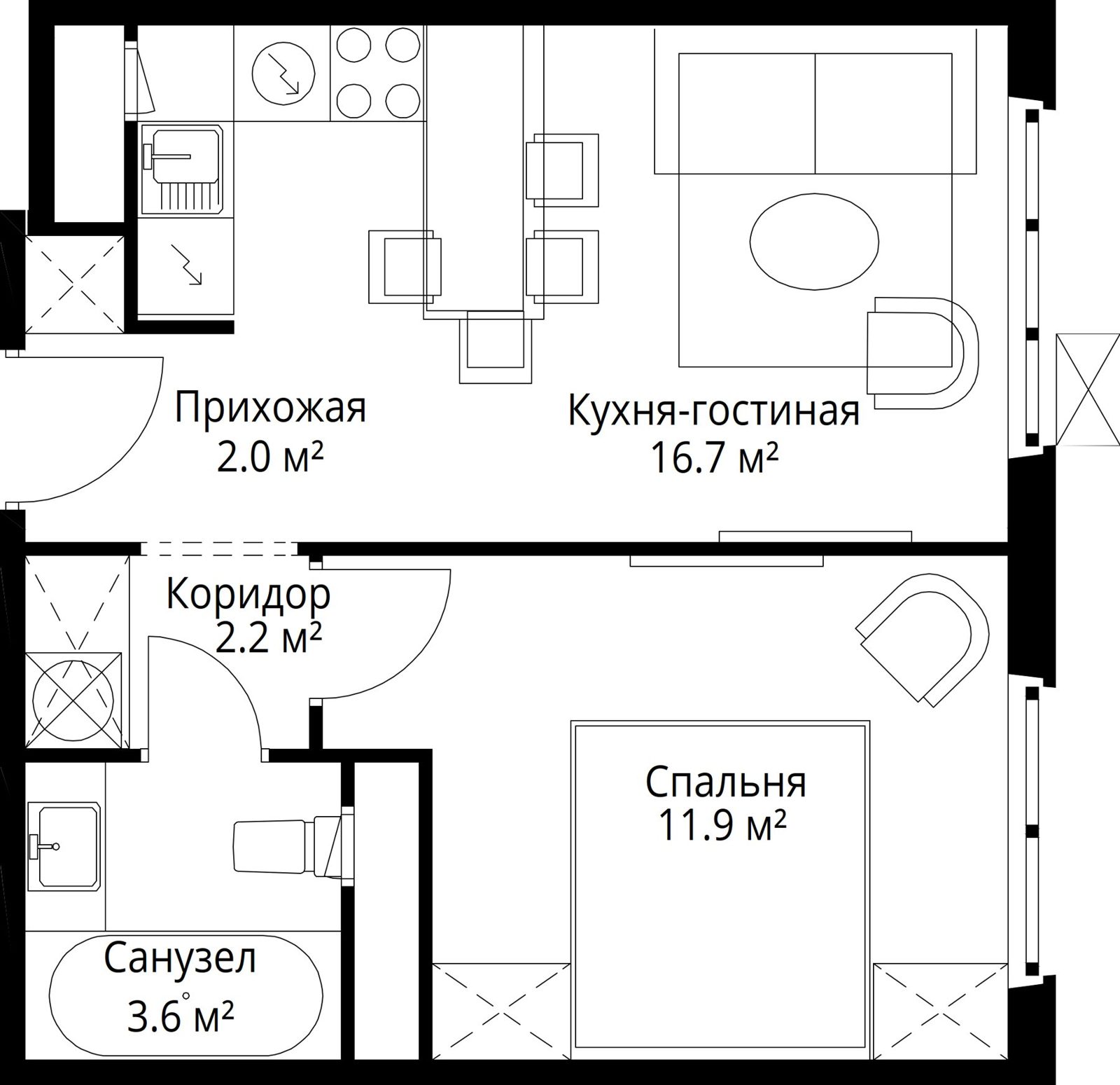 1-комнатная квартира, 36,4 м²