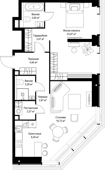 2-комнатная квартира, 71,1 м² — фото 1