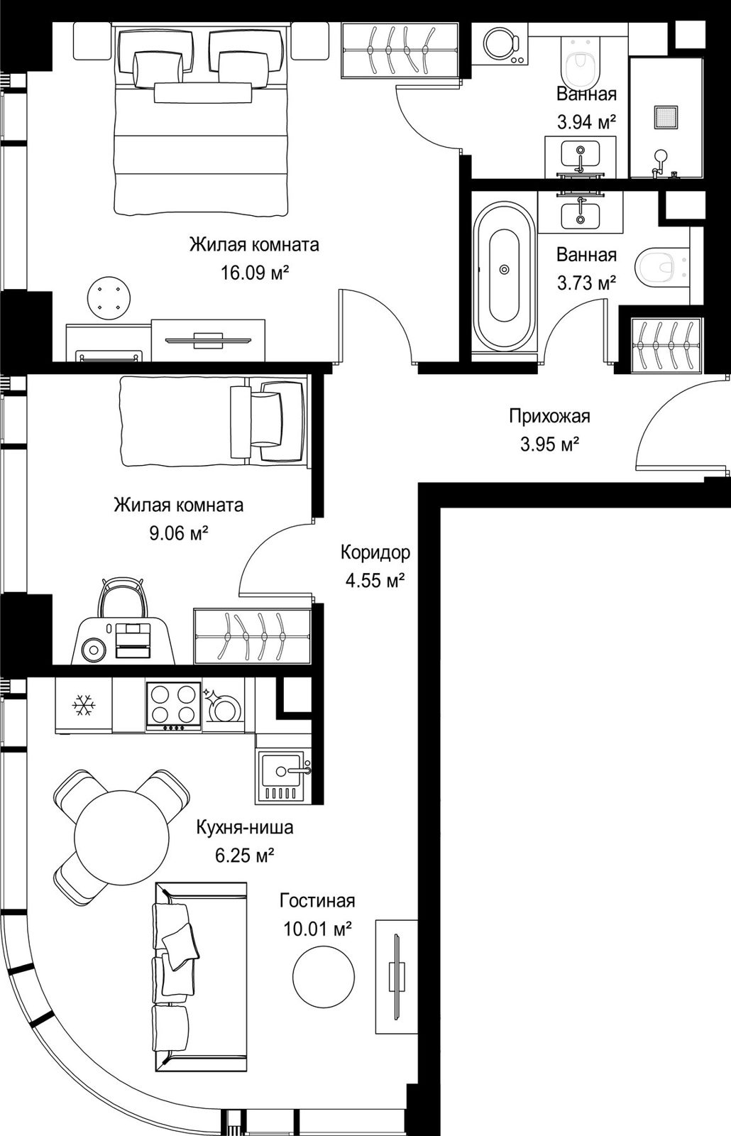 2-комнатная квартира, 57,6 м²