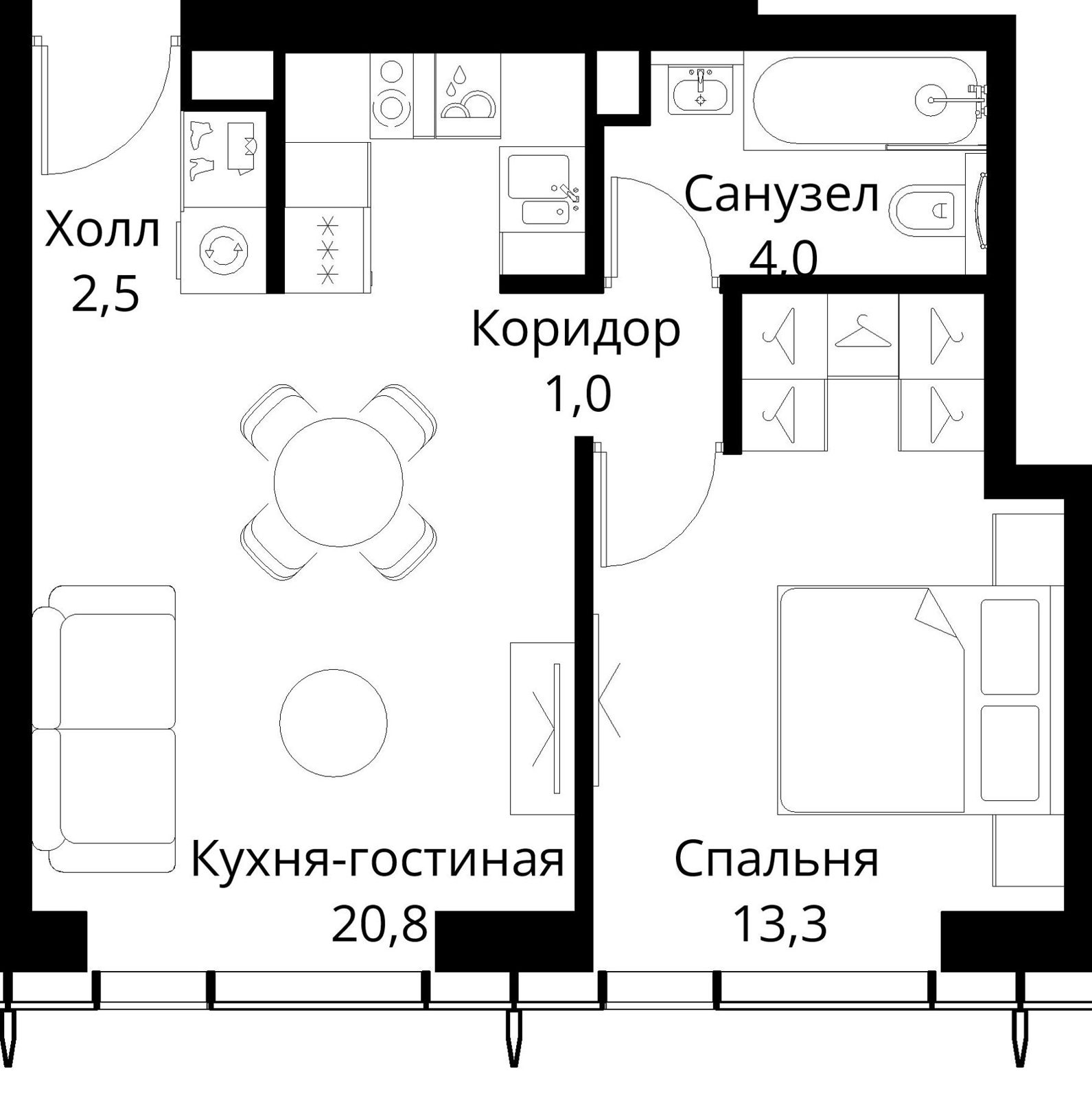 1-комнатная квартира, 41,6 м²