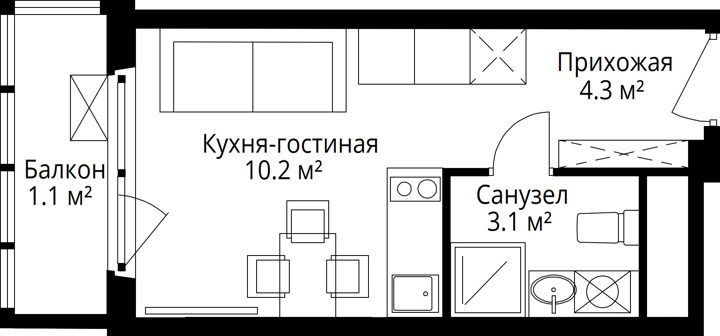 Квартира-студия, 18,7 м² — фото 1