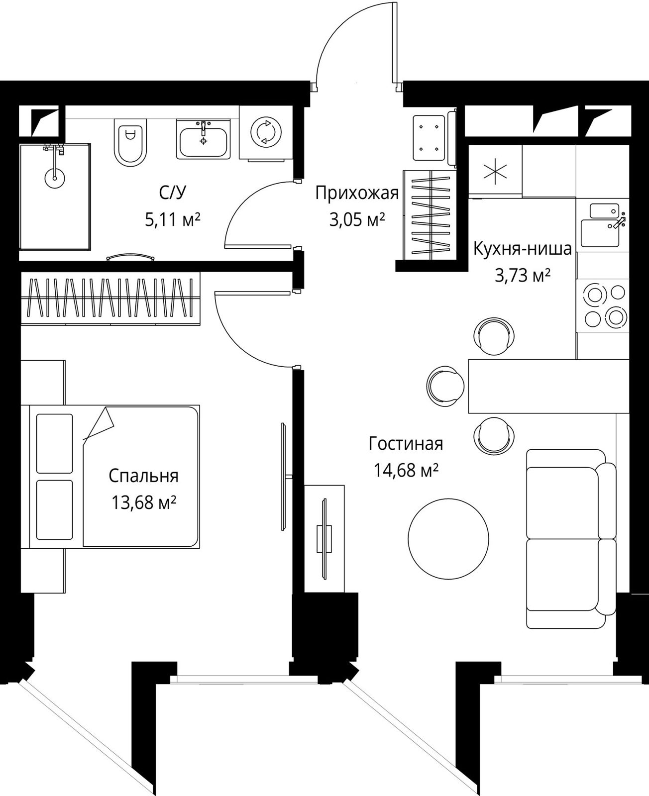 1-комнатная квартира, 40,2 м²
