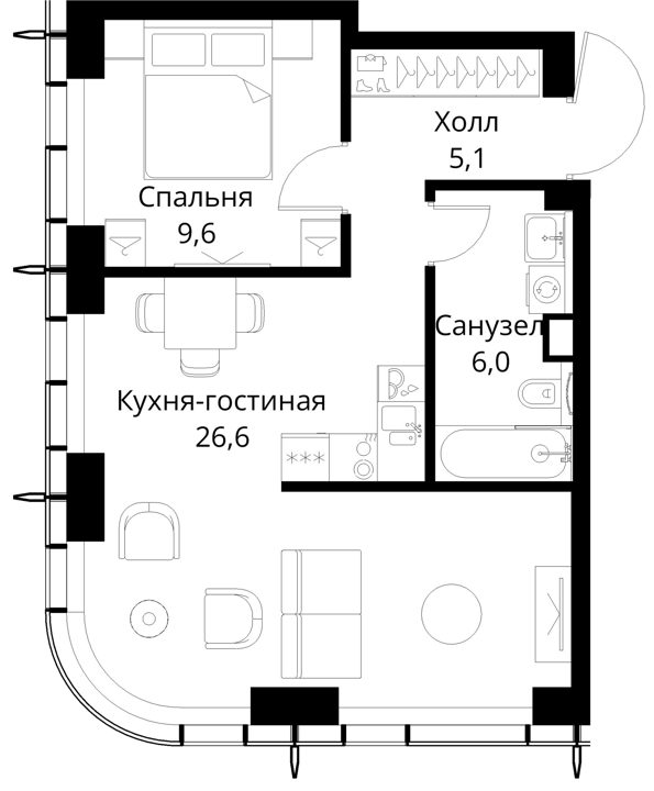 1-комнатная квартира, 47,3 м² — фото 1