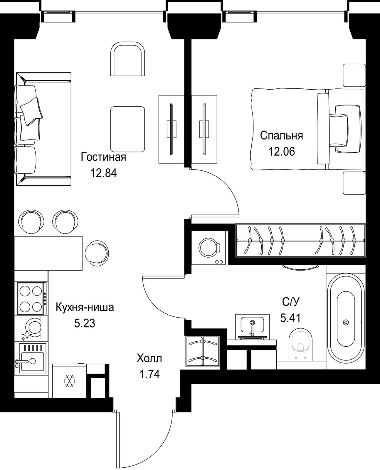 1-комнатная квартира, 37,3 м²