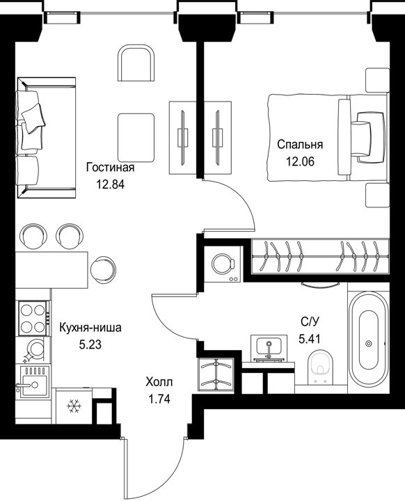 1-комнатная квартира, 37,3 м²