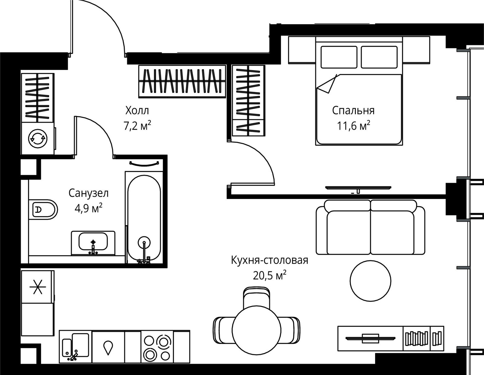 1-комнатная квартира, 44,2 м²