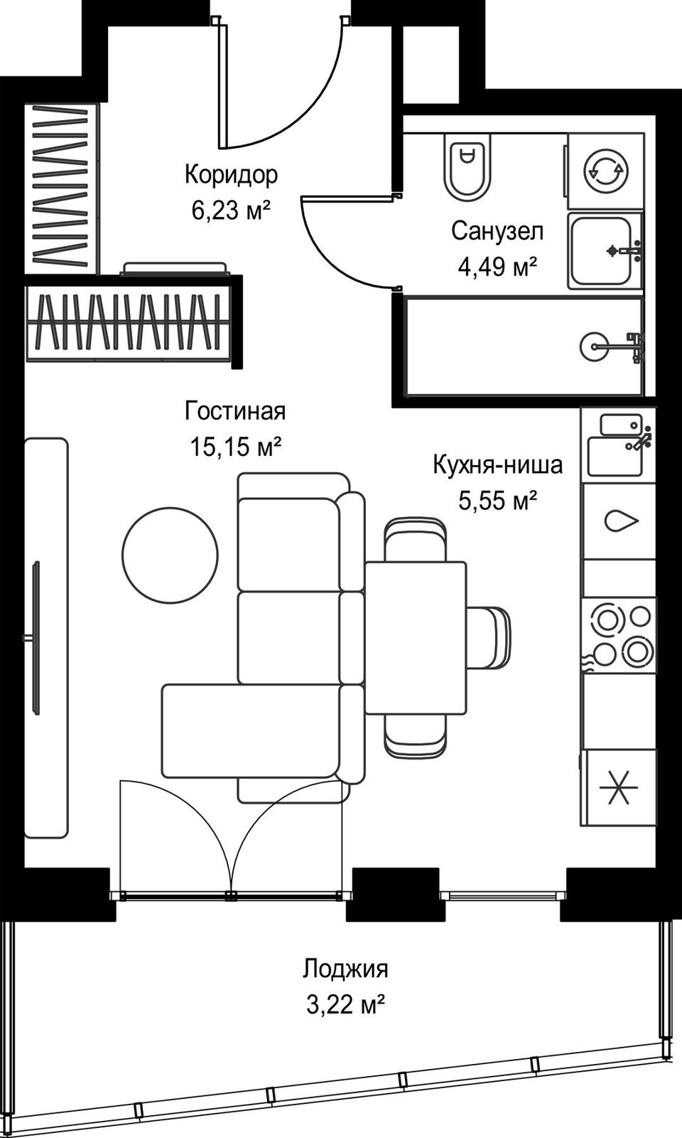 Квартира-студия, 34,5 м²
