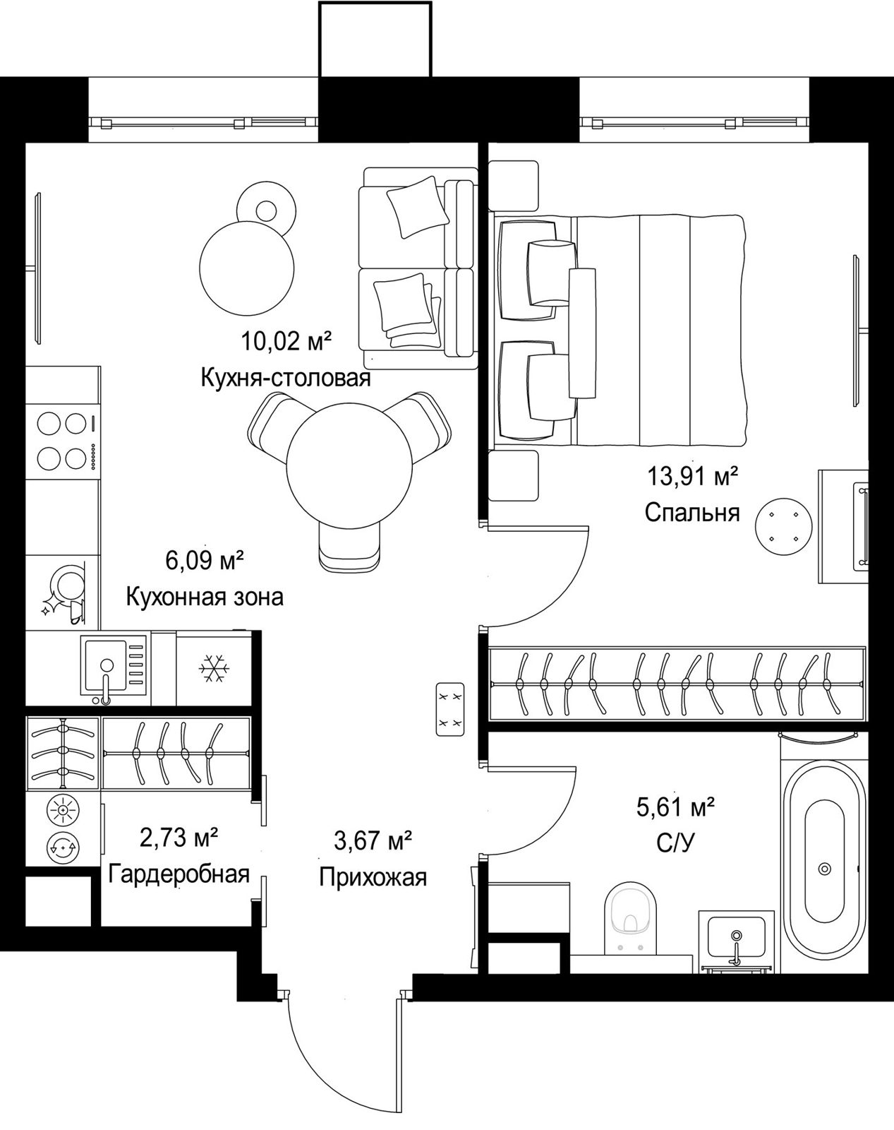 1-комнатная квартира, 42 м²