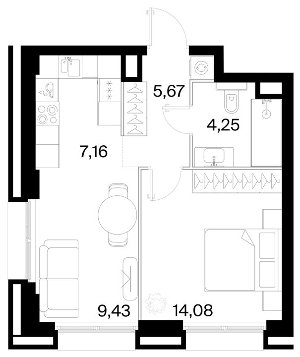 1-комнатная квартира, 40,6 м²