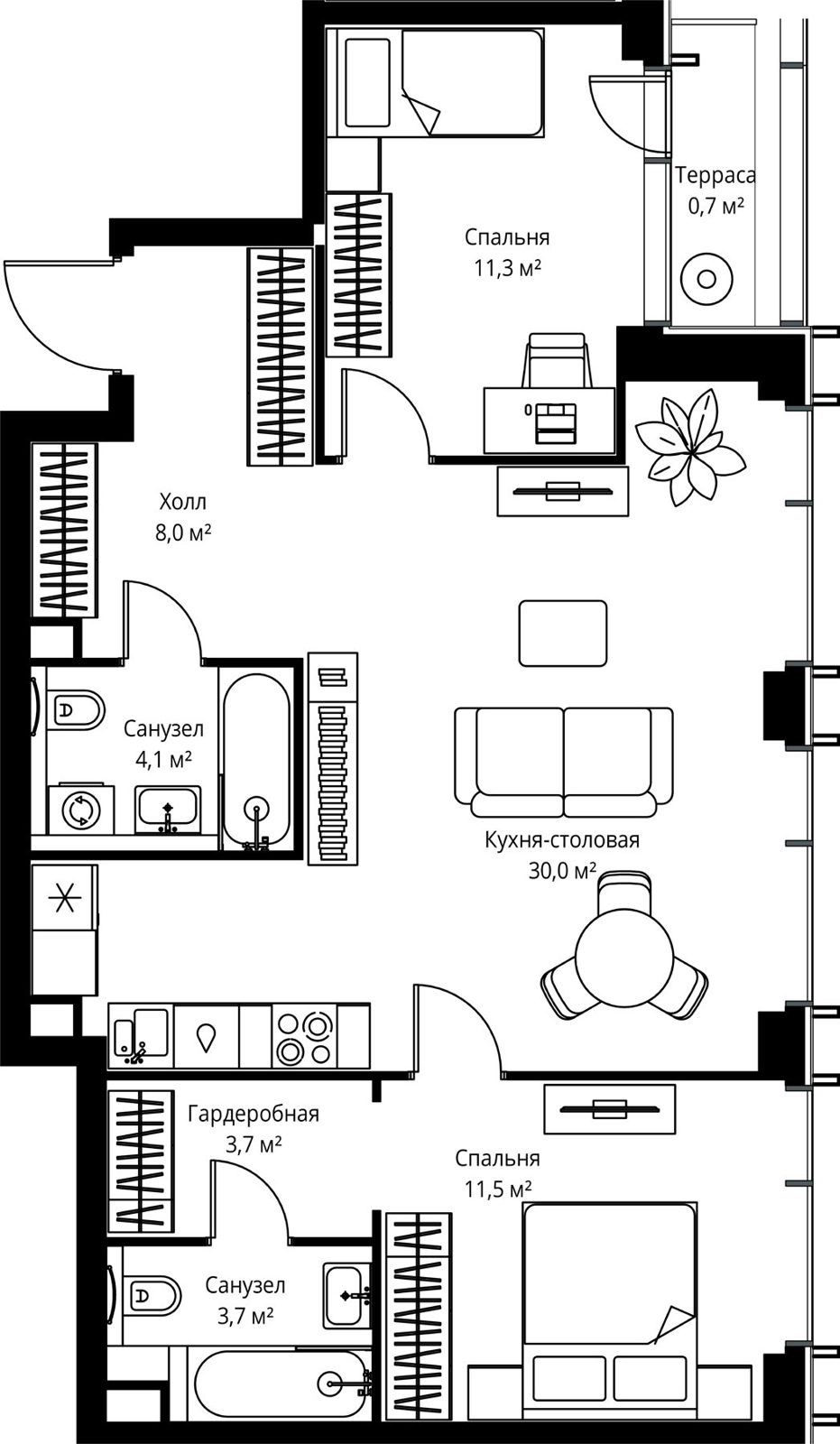 2-комнатная квартира, 73 м²