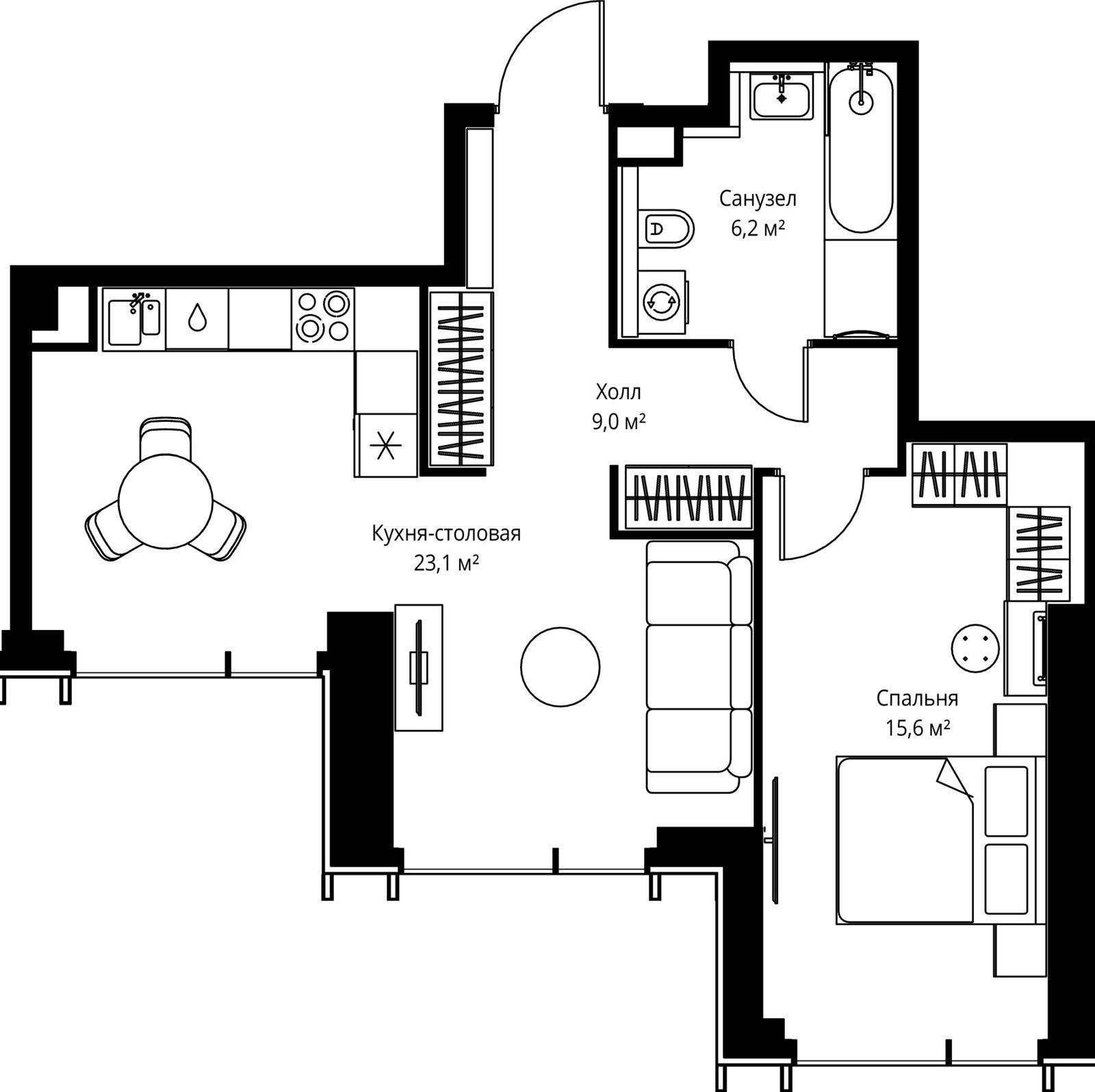 1-комнатная квартира, 53,9 м²