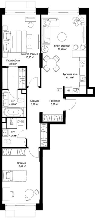 2-комнатная квартира, 80,8 м² — фото 1