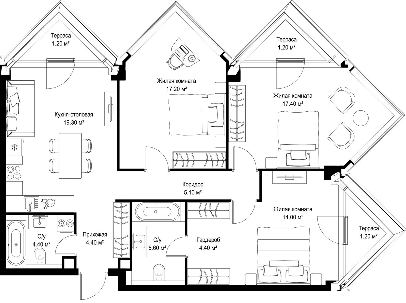 3-комнатная квартира, 95,4 м²