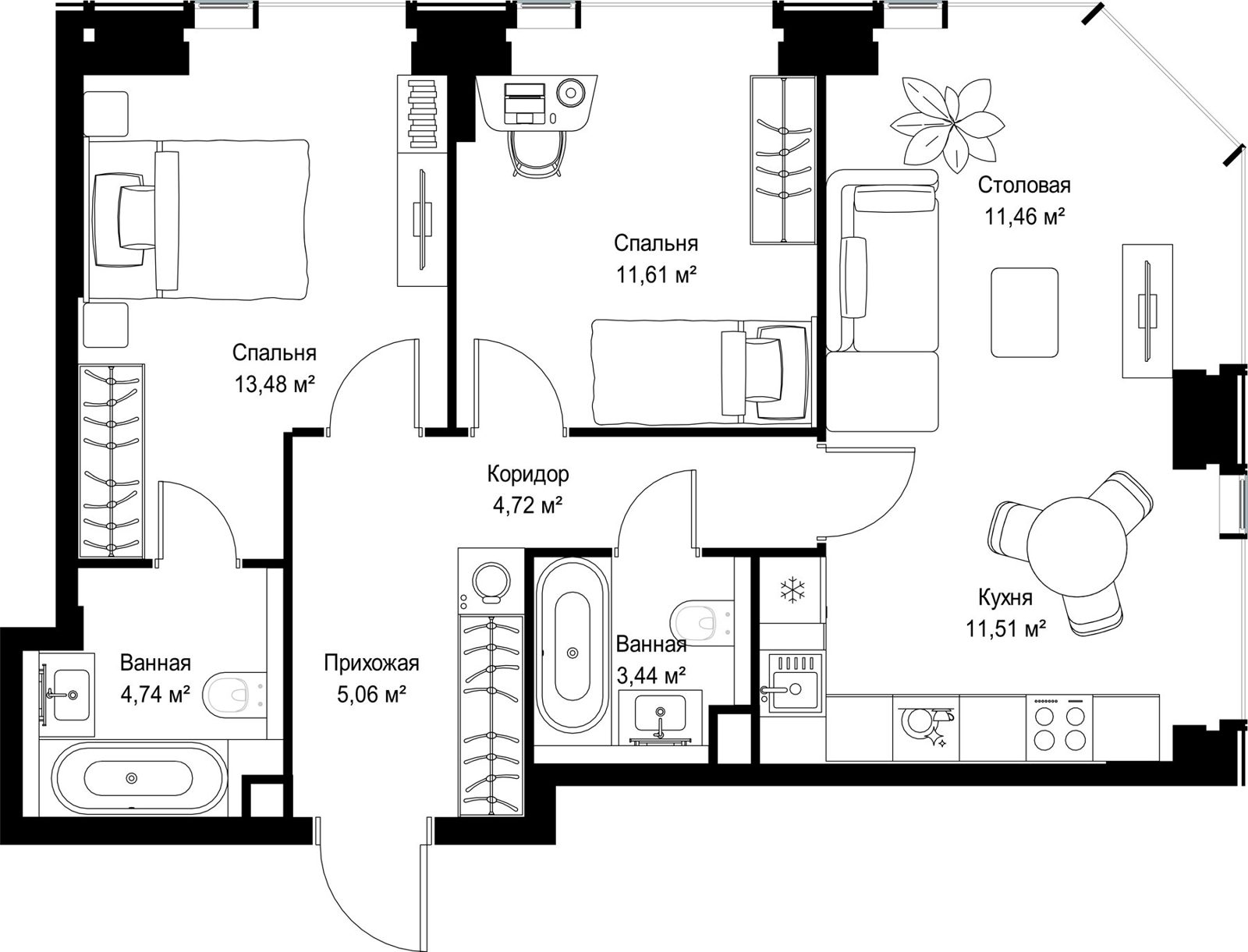 2-комнатная квартира, 66 м² — фото 2
