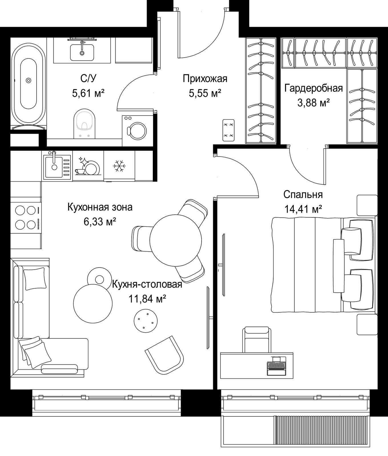 1-комнатная квартира, 47,6 м²