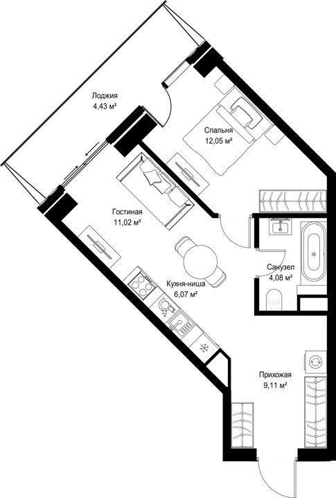 1-комнатная квартира, 46,8 м²