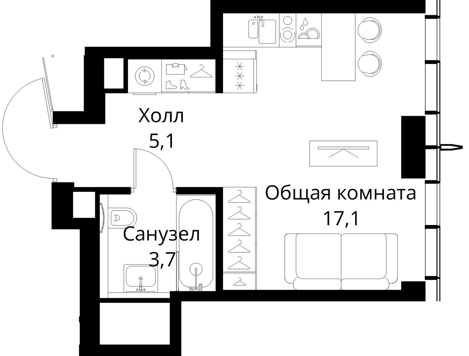 Квартира-студия, 25,9 м²
