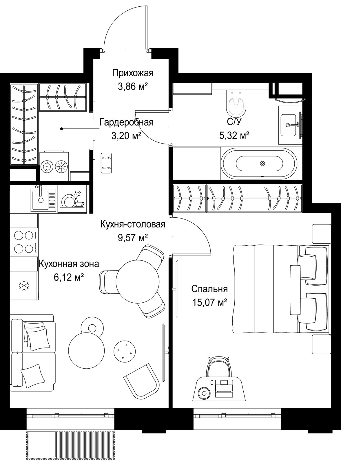 1-комнатная квартира, 43,1 м²