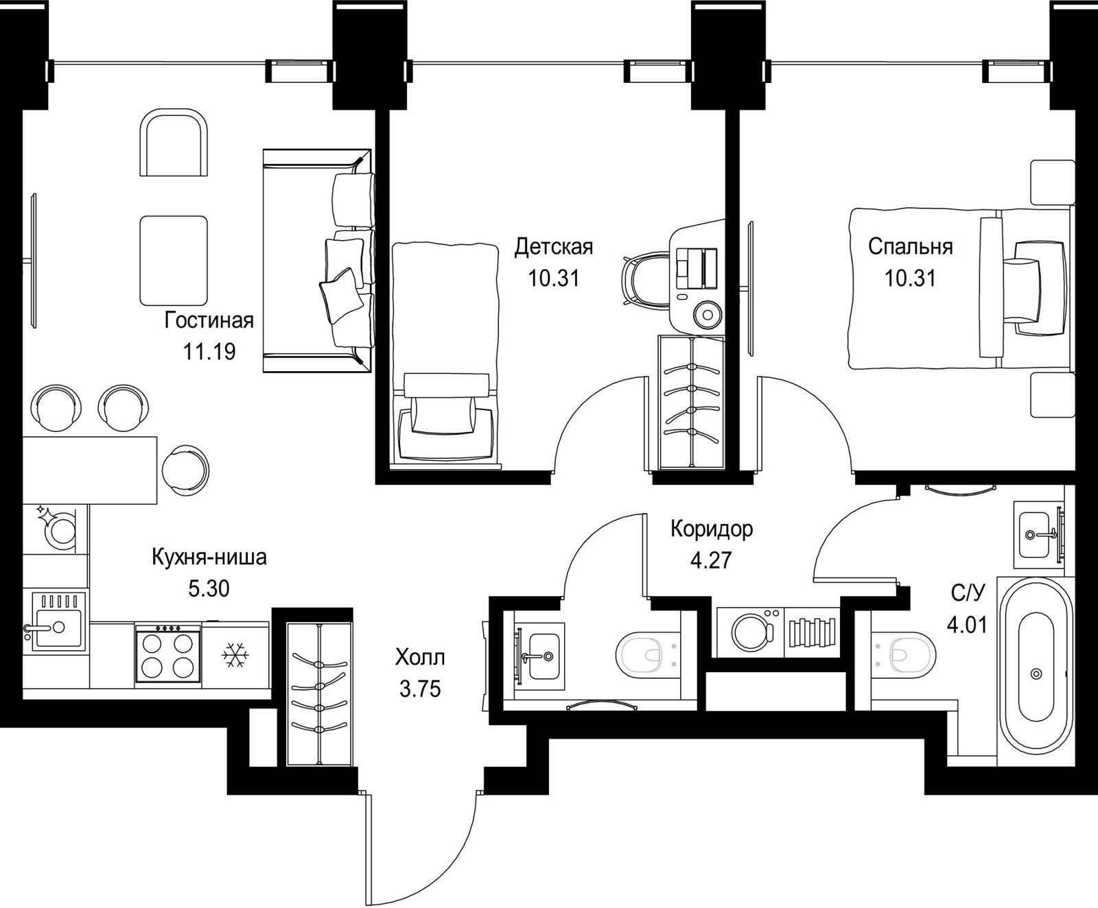 2-комнатная квартира, 50,7 м²