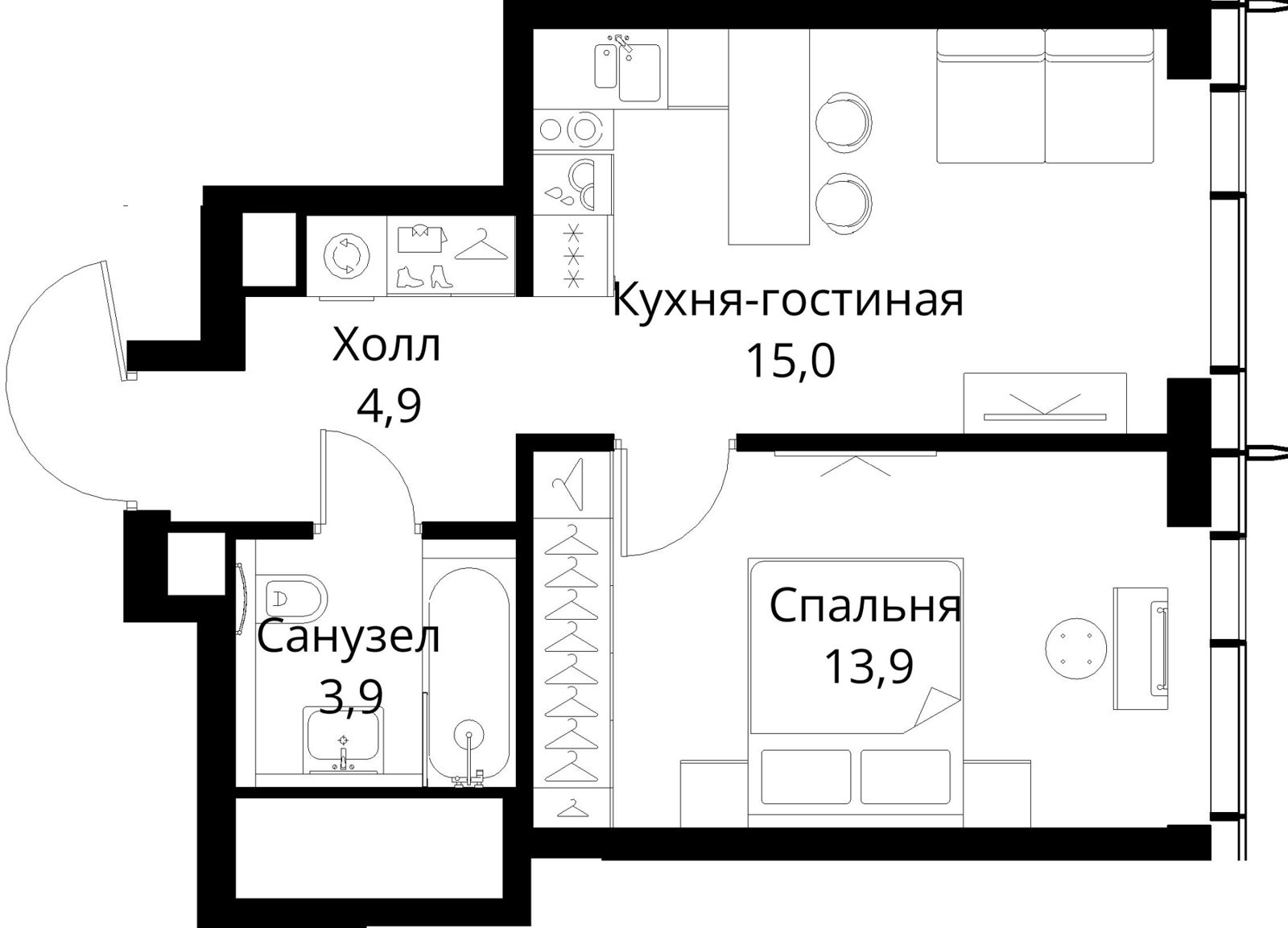 1-комнатная квартира, 37,7 м²