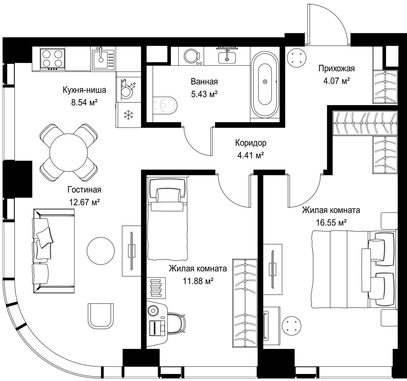 2-комнатная квартира, 63,5 м²