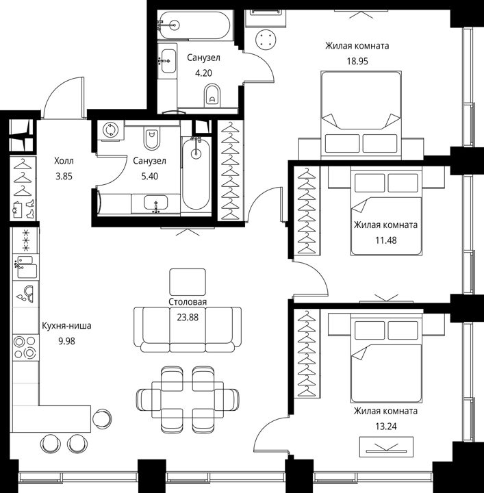 3-комнатная квартира, 91 м² — фото 1