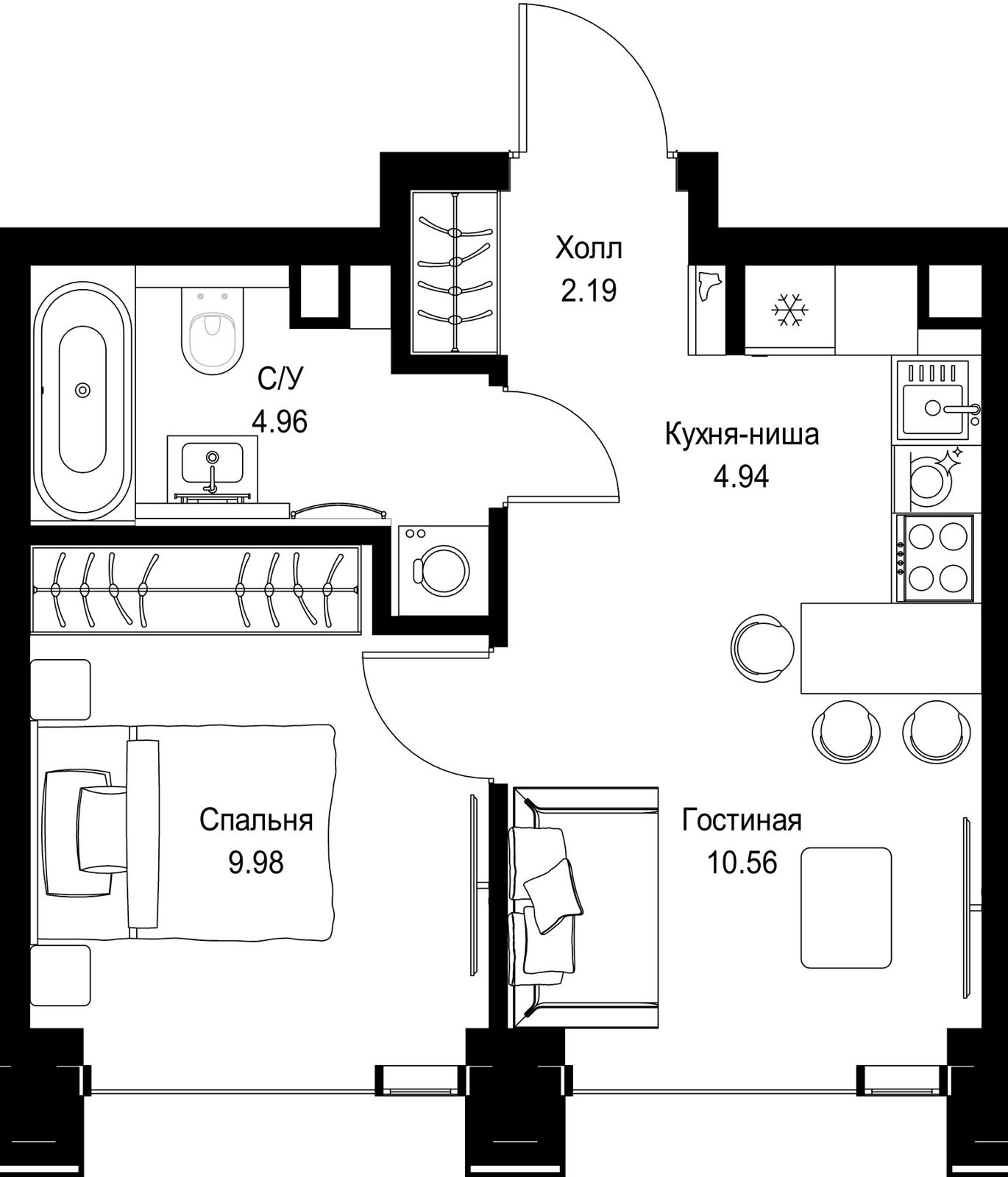 1-комнатная квартира, 32,6 м²