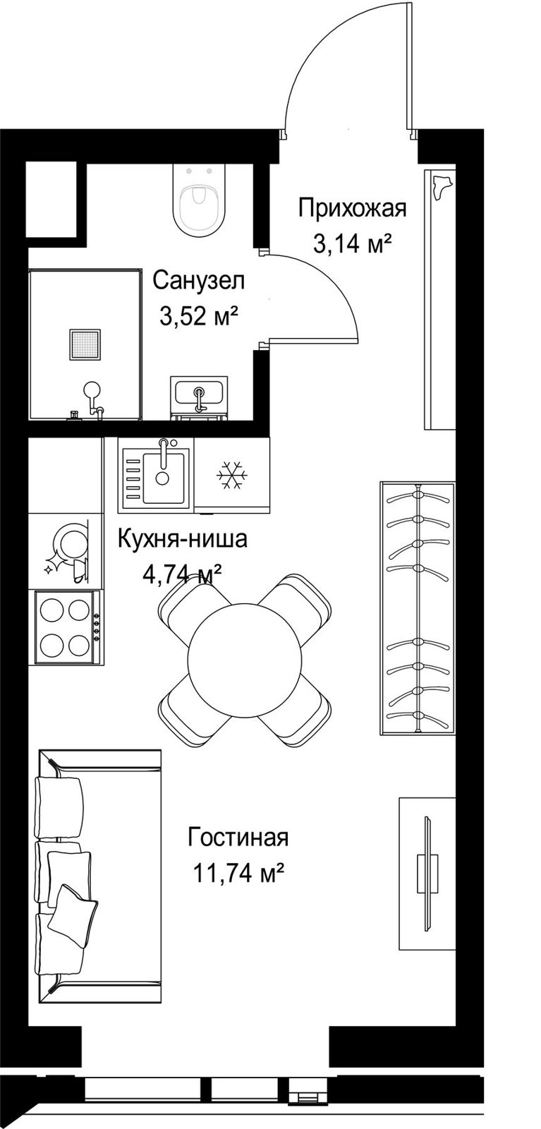 Квартира-студия, 23,1 м²