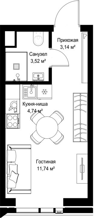 Квартира-студия, 23,1 м²