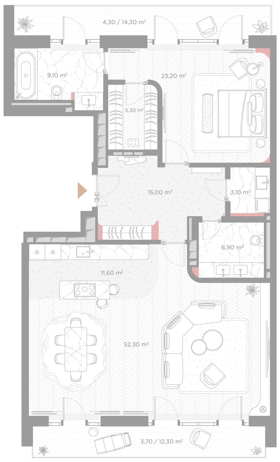 1-комнатная квартира, 134,5 м²