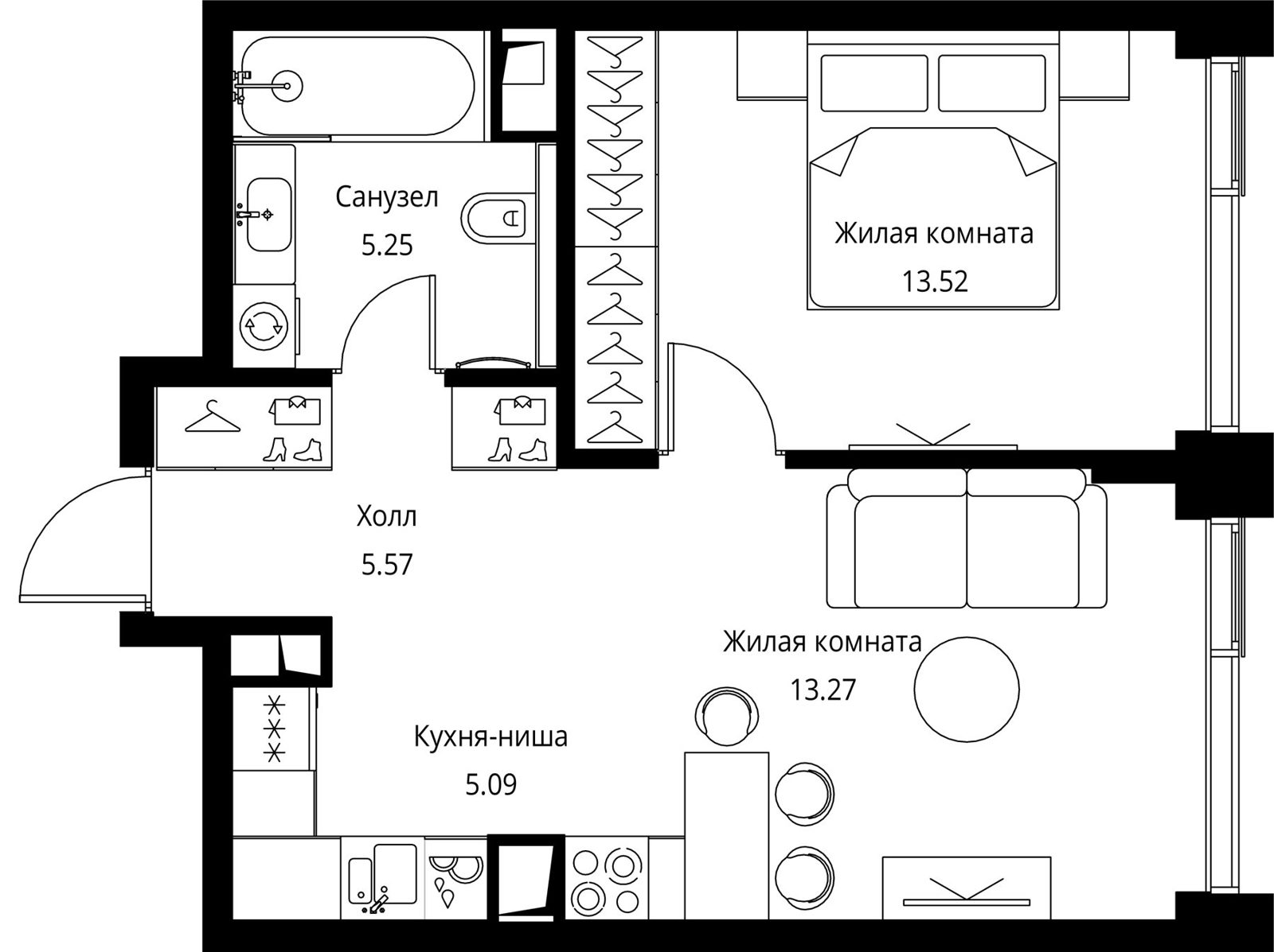1-комнатная квартира, 42,7 м²
