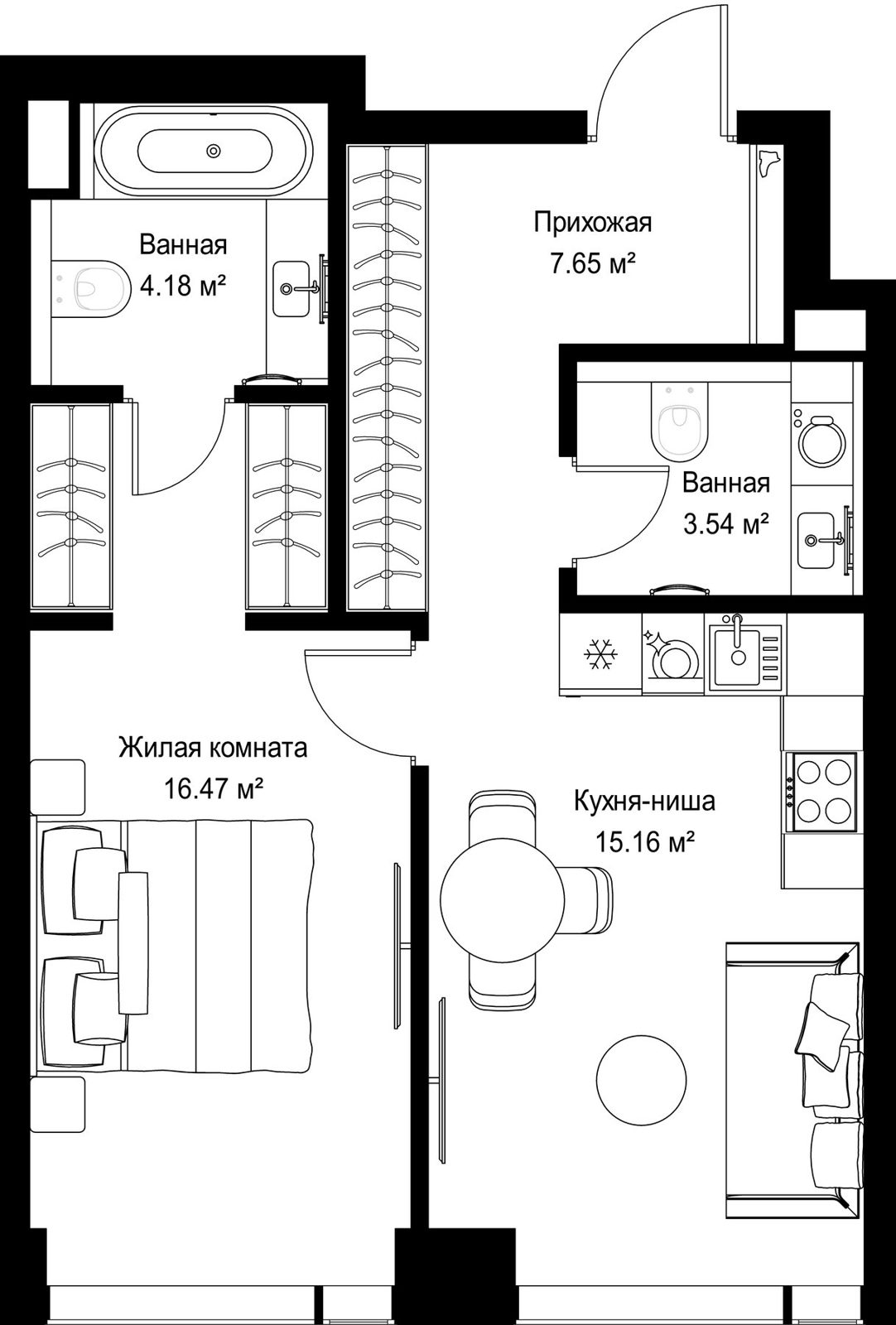 1-комнатная квартира, 47 м²