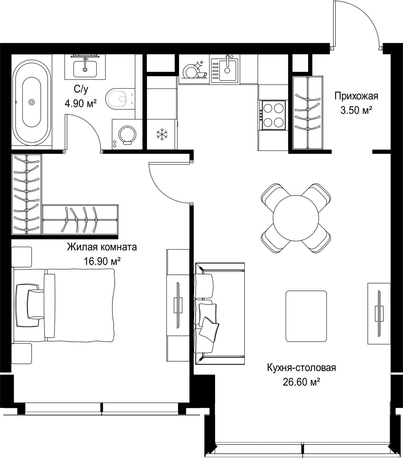 1-комнатная квартира, 51,9 м²