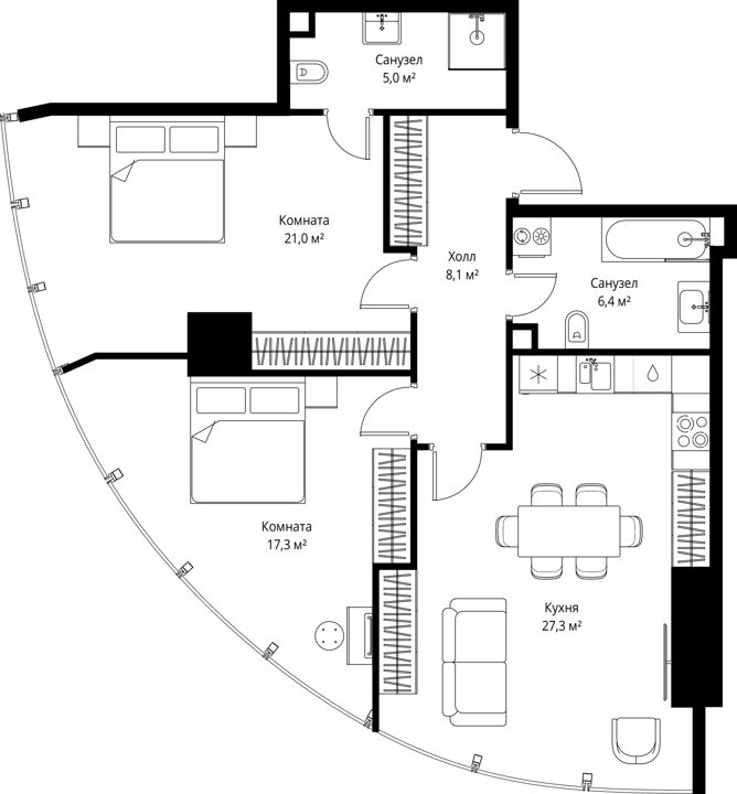 2-комнатная квартира, 85,1 м²