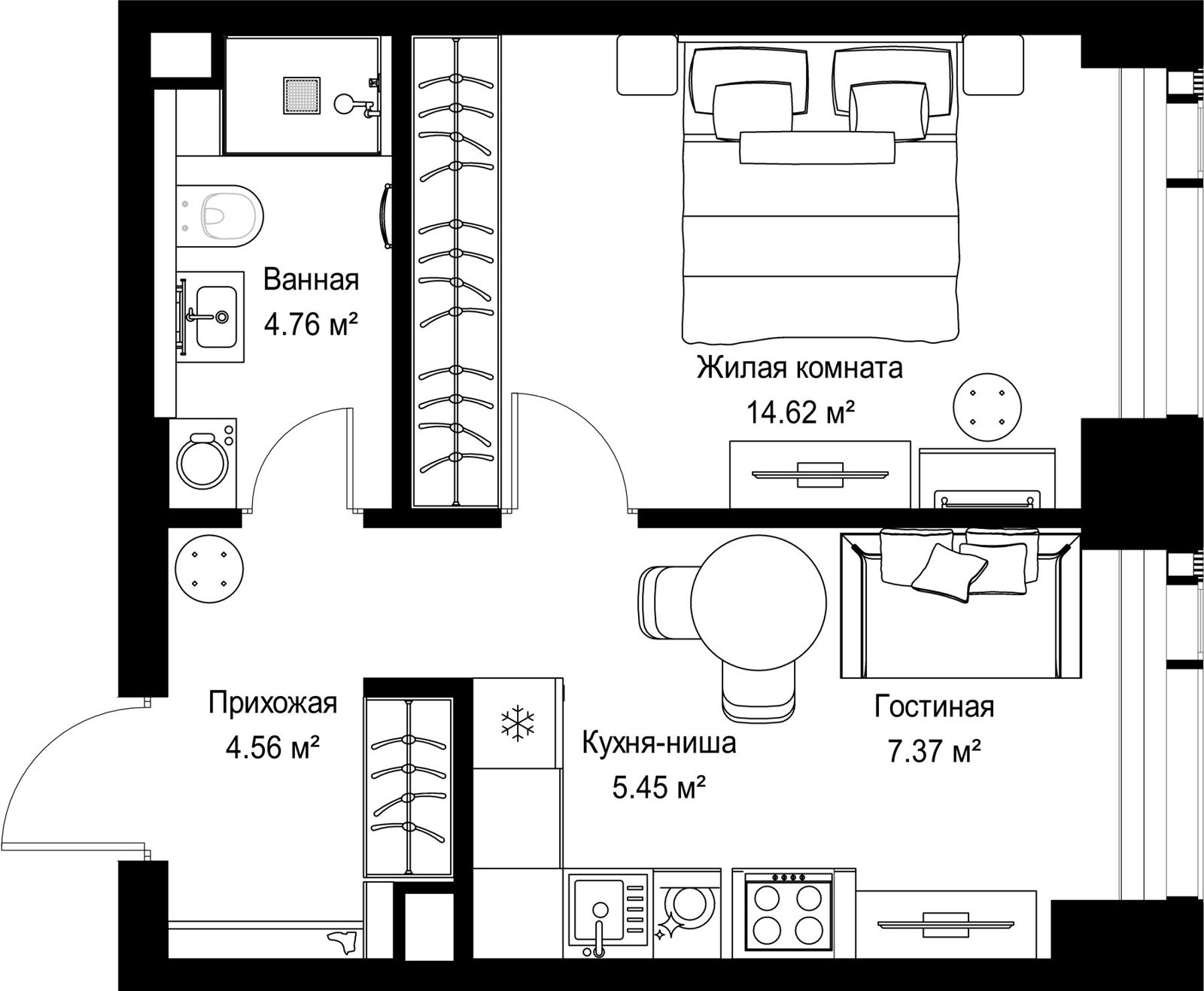 1-комнатная квартира, 36,8 м²